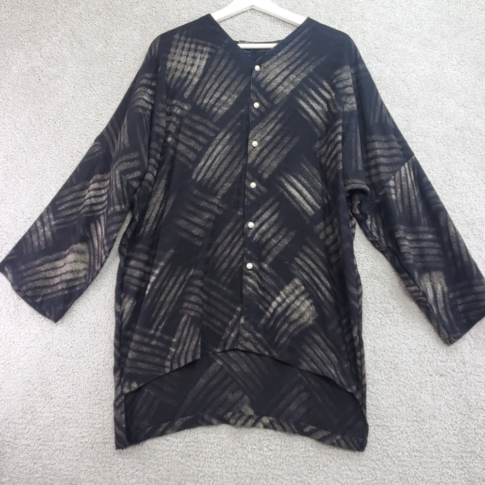 Kaliyana Artwear Black Gray Abstract Tunic Button Up Long Sleeve Blouse Top‎ M